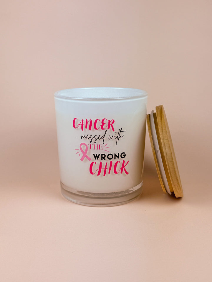 CANCER MESSED WITH THE WRONG CHICK- BREAST CANCER CANDLE