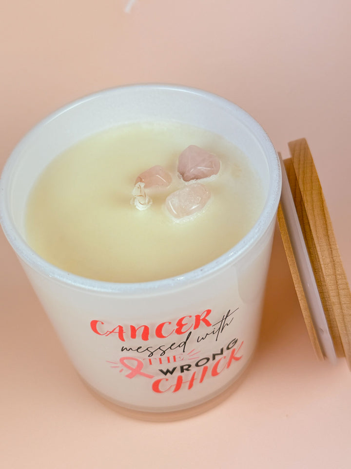 CANCER MESSED WITH THE WRONG CHICK- BREAST CANCER CANDLE