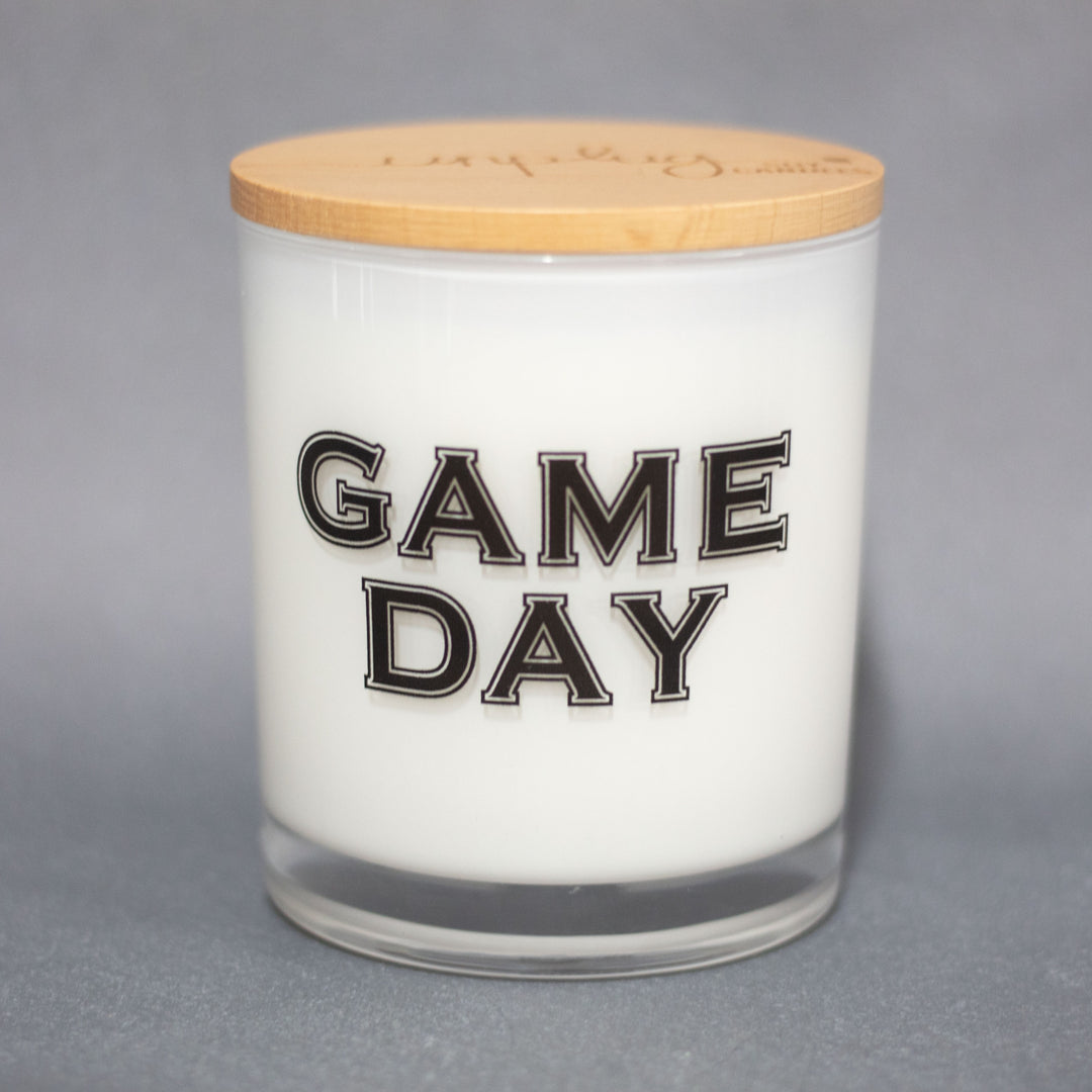 game day printed candle